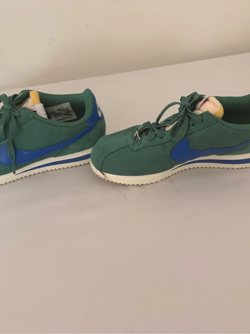 Nike Green Suede Sneakers with Blue Swoosh and Cream Tongue